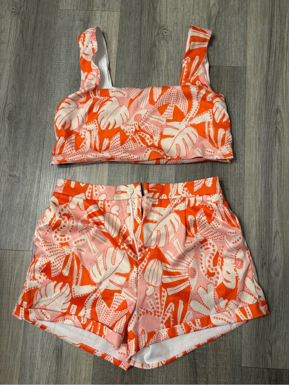 Lulu Tropical Orange & Pink Two-Piece Crop Top and High-Waist Shorts Set